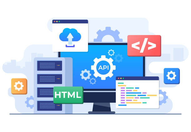 application programming interface concept, api provides the interface for communication between applications, software development tool, internet and networking, simplifying application integration - 系統(tǒng)軟件 幅插畫檔、美工圖案、卡通及圖標(biāo)