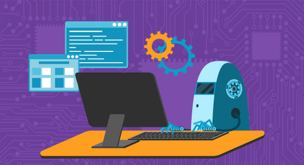 automated work of software, business project development, robot using keyboard at table - 系統(tǒng)軟件開(kāi)發(fā) 幅插畫(huà)檔、美工圖案、卡通及圖標(biāo)