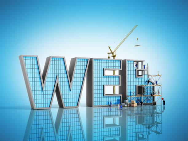 網(wǎng)頁程式開發(fā)概念建設(shè)者正在題字 web 上藍(lán)色 3d 插圖 - 網(wǎng)站門戶搭建 個照片及圖片檔